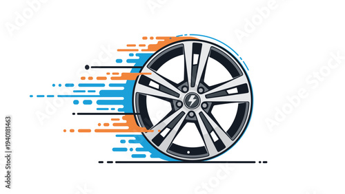 Stylish modern car wheel rim with a lightning bolt logo and colorful fast motion blur effects for an electric car.