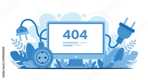 Vector illustration of a 404 error page on a computer monitor with unplugged cables, symbolizing a lost connection or page not found
