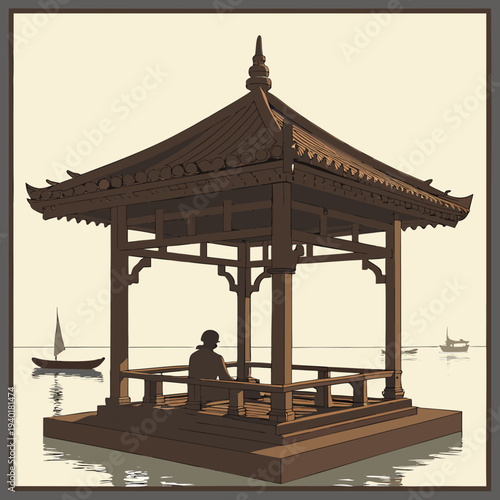 Person sitting in a traditional wooden gazebo over water with boats in the background.