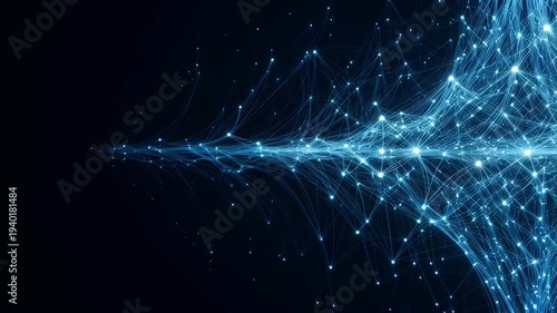 Glowing blue digital network nodes and connecting lines expanding on dark black background with copy space