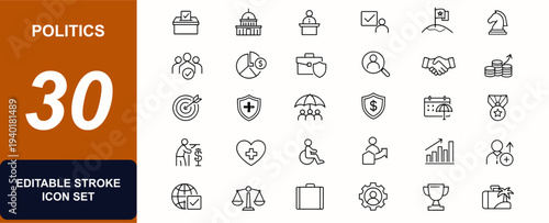 Politics web icons in line style. Election campaign, parliament, voting leadership, government finance, recruitment, insurance pension, award. Editable stroke. Vector illustration.