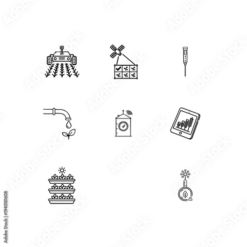 Deep tech agriculture and smart farming linear icon set, autonomous tractor, satellite crop monitoring and precision irrigation vector symbols