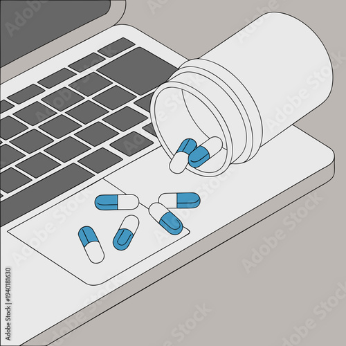 Pills spilling from a bottle onto a laptop keyboard illustrating online pharmacy and digital health.