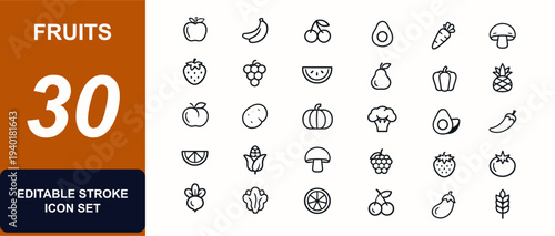 Fruits web icons in line style. Organic food, kitchen, farming, healthy diet, apple, banana, carrot, mushroom, grocery set. Editable stroke. Vector illustration.