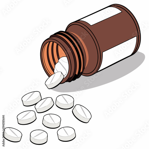 Pills spilling from a medicine bottle illustrating medication and health concepts.