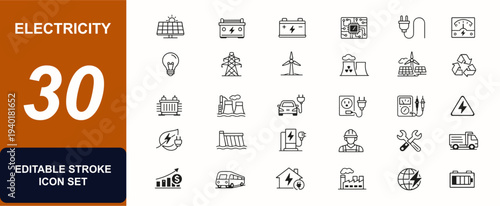 Electricity web icons in line style. Solar panel, generator, battery, circuit board, power plug, voltage meter, renewable system. Editable stroke. Vector illustration.