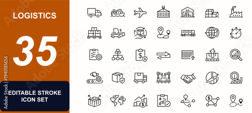 Logistics vector web icons in line style. Freight shipping, warehouse, supply chain, delivery, cargo transport, distribution, manufacturing, workflow. Editable stroke. Vector illustration.