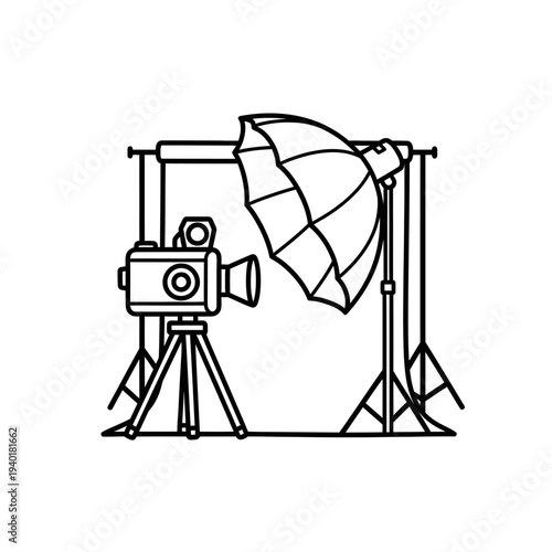 Professional Photography Studio Setup with Camera and Umbrella Lighting Equipment