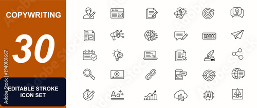 Copywriting concepts web icons in line style. Blog author, content marketing, document editing, freelance writer, keyboard typing, publishing set. Editable stroke. Vector illustration.