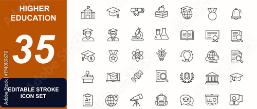 Higher education and university symbols web icons in line style set. Campus, diploma, lab, professor, scholarship, certificate, research. Editable stroke. Vector illustration.