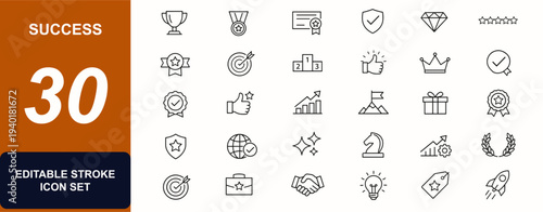 Success web icons in line style. Trophy, medal, certificate, badge, rating, trust seal, ribbon award, checkmark approval, business growth. Editable stroke. Vector illustration.