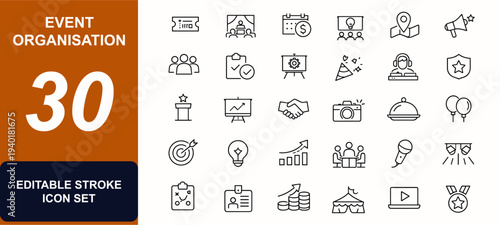 Event organisation and planning web icons in line style. Ticket registration, speaker stage, budget calendar, workshop meeting, catering service. Editable stroke. Vector illustration.