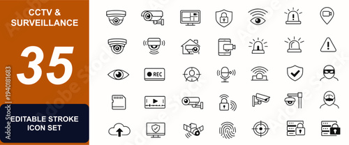 CCTV and surveillance web icons in line style. Camera control, security shield, monitoring system, smart sensor, alarm device, privacy protection. Editable stroke. Vector illustration.