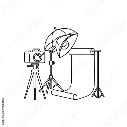 Professional Photography Studio Setup with Camera, Umbrella, and Backdrop for Creative Photo Shoot