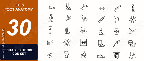 Leg and foot anatomy web icons in line style. Orthopedic surgery, ankle bandage, arthritis pain, knee joint, bone trauma, prosthesis aid, human walk. Editable stroke. Vector illustration.
