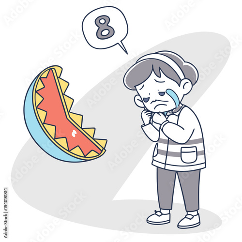 Sad child crying next to a broken watermelon slice with the number 8 in a speech bubble.