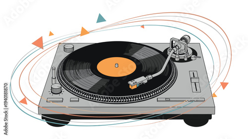 Vintage style record player turntable spinning a vinyl disc with colorful abstract sound waves moving around the device.