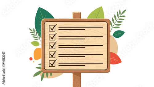 Wooden sign board featuring a completed checklist with check marks surrounded by colorful autumn leaves and abstract shapes.