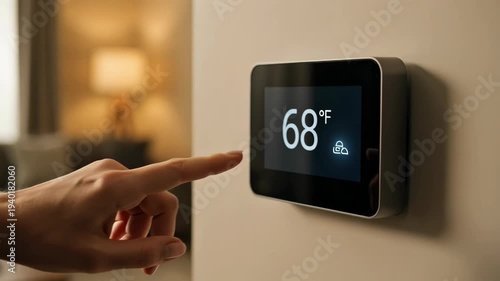 Hand touching smart home thermostat screen mounted on white wall adjusting temperature in warm living room interior