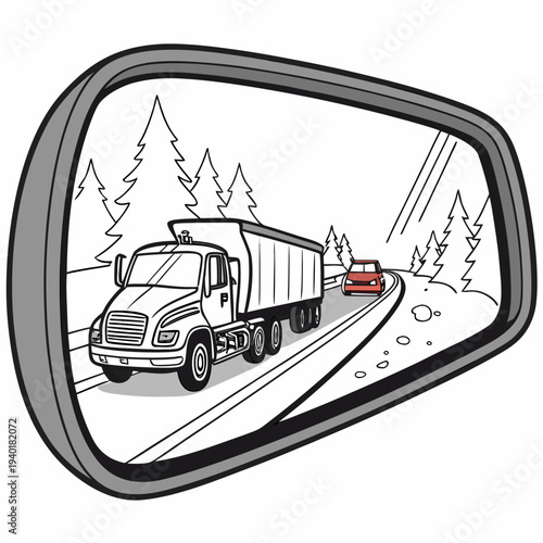 Truck and car in rearview mirror on a snowy road.