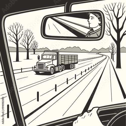 Truck on a snowy road seen from a cars rearview mirror.