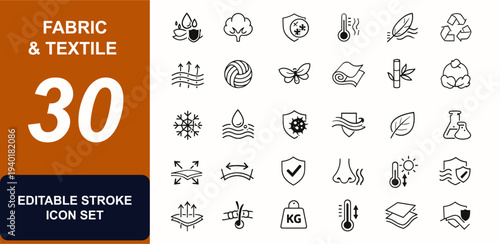 Fabric and textile properties web icons in line style. Waterproof fabric, cotton fiber, antibacterial shield, thermal insulation, stretch garment. Editable stroke. Vector illustration.