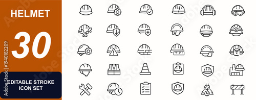 Helmet web icons in line style. Hard hat, construction safety, worker gear, industrial protection, contractor tools, uniform security. Editable stroke. Vector illustration.