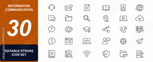 Information communication web icons in line style. Support service, message mail, document file, education book, phone contact, data network. Editable stroke. Vector illustration.