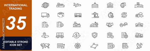 International trading web icons in line style. Cargo logistics, export import, freight transport, supply chain, port crane, contract. Editable stroke. Vector illustration.