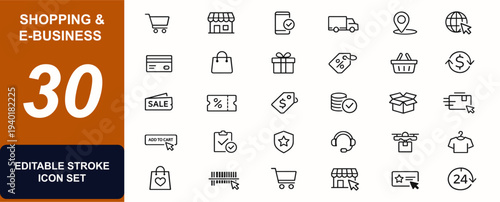 Shopping and e-business web icons in line style. Delivery, payment, retail store, coupon, market, discount, checkout, gift, cart. Editable stroke. Vector illustration.