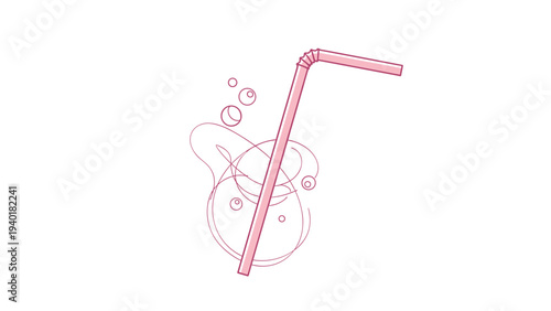Pink flexible drinking straw placed in a glass of bubbly liquid with abstract concentric circles and splashing droplets.