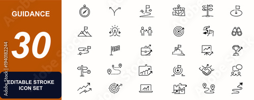 Guidance web icons in line style. Compass navigation, decision arrow, business roadmap, coaching support, success signpost. Editable stroke. Vector illustration.