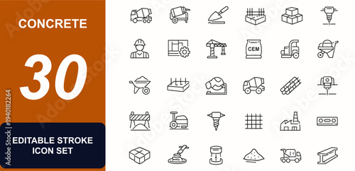 Concrete web icons in line style. Cement mixer, machinery, foundation, building block, drill, engineering, construction set. Editable stroke. Vector illustration.