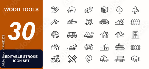 Wood tools and materials web icons in line style. Carpenter, timber plank, forestry saw, hardwood beam, veneer sheet, log cutting, fence door. Editable stroke. Vector illustration.