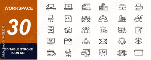 Workspace web icons in line style. Desk, computer, meeting, teamwork, document, furniture, coworking, employee, briefcase, printer, chair, technology. Editable stroke. Vector illustration.
