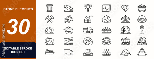 Stone elements web icons in line style. Marble, quarry, drilling equipment, granite block, diamond, mining cart, geology tools, transport cargo. Editable stroke. Vector illustration.