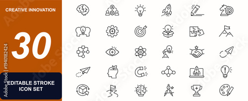 Creative innovation web icons in line style. Brainstorming, teamwork, idea, invention, puzzle, rocket, strategy, collaboration, inspiration. Editable stroke. Vector illustration.