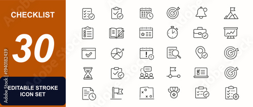 Checklist, task, plan, to-do list web icons in line style. Agenda management, clipboard approval, meeting schedule, deadline reminder, goal tracking. Editable stroke. Vector illustration.