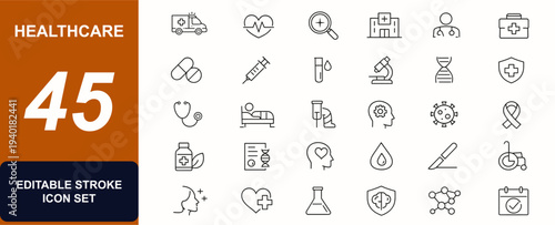 Healthcare web icons in line style. Ambulance, cardiology, diagnosis, hospital, clinic, treatment, wellness, pharmacy, vaccine, laboratory set. Editable stroke. Vector illustration.