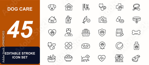 Dog care web icons in line style. Puppy grooming, veterinary clinic, leash, pet hygiene, vaccination, animal pharmacy, bone toy. Editable stroke. Vector illustration.