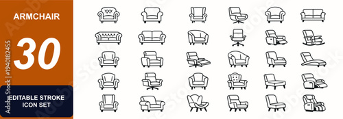 Classic vintage armchair web icons in line style. Leather couch, office furniture, cabinet decor, apartment seating, luxury lounge, home interior. Editable stroke. Vector illustration.