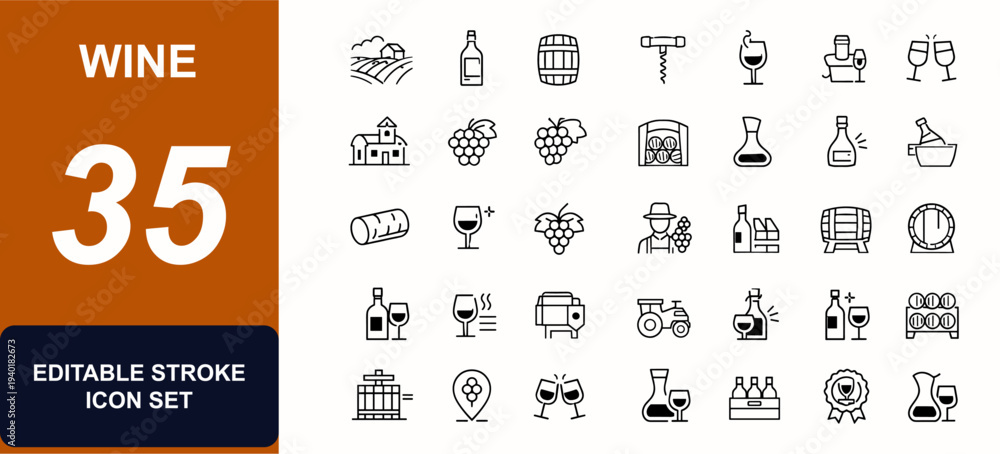 Obraz premium Wine web icons in line style. Vineyard, bottle, barrel, corkscrew, tasting, champagne, winery, grape, cellar, glass. Editable stroke. Vector illustration.