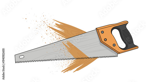 Manual hand saw with an orange handle cutting through a piece of wood with flying sawdust particles around the blade.