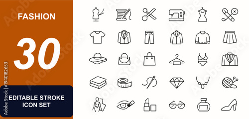 Fashion web icons in line style, sewing, clothing, apparel accessories set. Tailor tools, garment design, textile, shopping bag, dress, fabric craft. Editable stroke. Vector illustration.