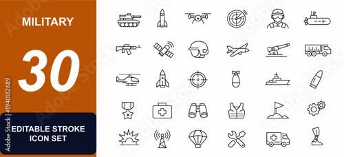 Military web icons in line style. Tank, missile, drone, radar, soldier, submarine, rifle, satellite, helmet, aircraft. Editable stroke. Vector illustration.