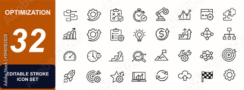 Optimization web icons in line style. Workflow automation, performance chart, productivity gear, business strategy, efficiency process. Editable stroke. Vector illustration.