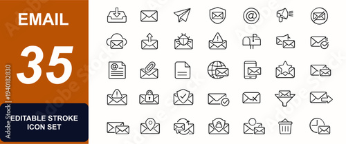 Email web icons in line style. Inbox, envelope send, secure mail, spam filter, mailbox, newsletter, document attach. Editable stroke. Vector illustration.