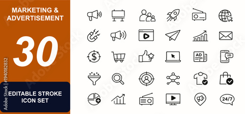 Marketing and advertisement web icons in line style. Megaphone, billboard, audience, campaign, branding, media, email, sales. Editable stroke. Vector illustration.