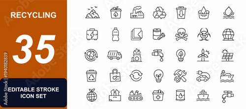 Recycling and waste management web icons in line style. Landfill, compost, pollution, disposal, reuse, battery, plastic, paper, metal. Editable stroke. Vector illustration.