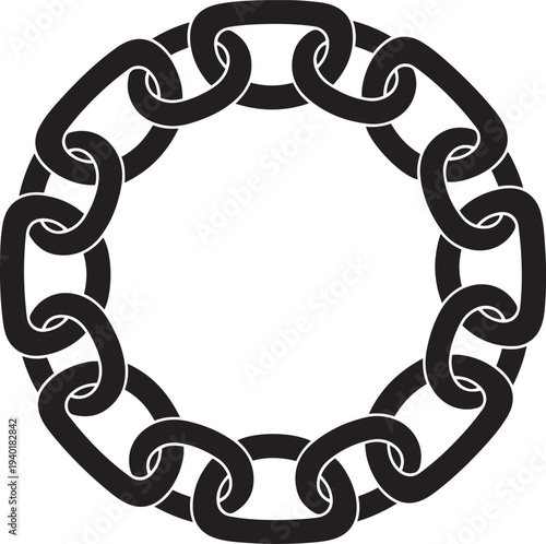Black chain links forming a circular frame on a white background metal connection strength